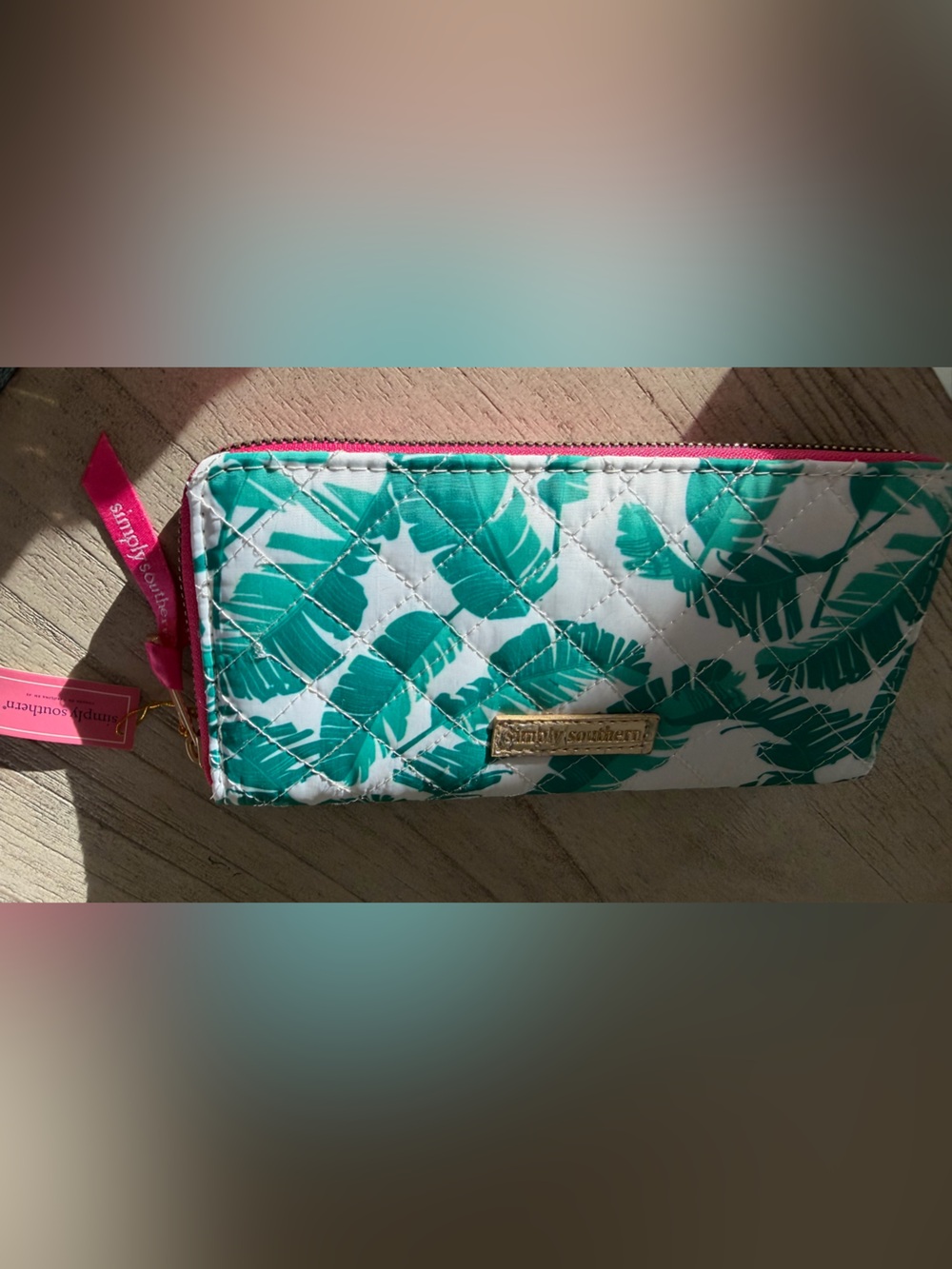 Simply Southern Teal Leaf Quilted Wallet with Pink Accents